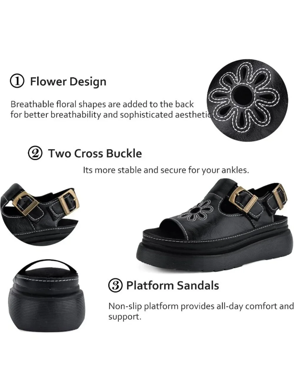 Women's Black Flat Open Toe Flower Decoration Fisherman Platform Sandal Shoes